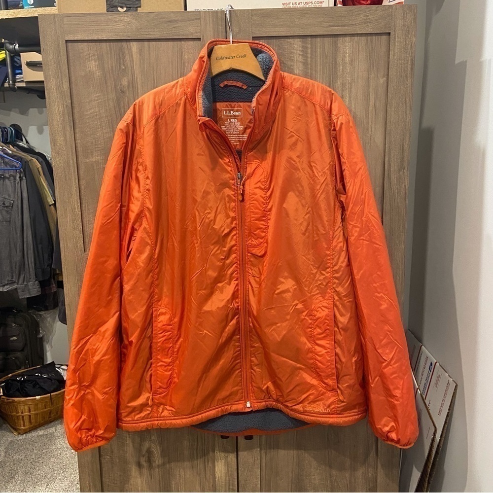 LL Bean Large Men’s Nylon Jacket Fleece Lined Orange Zip Pockets